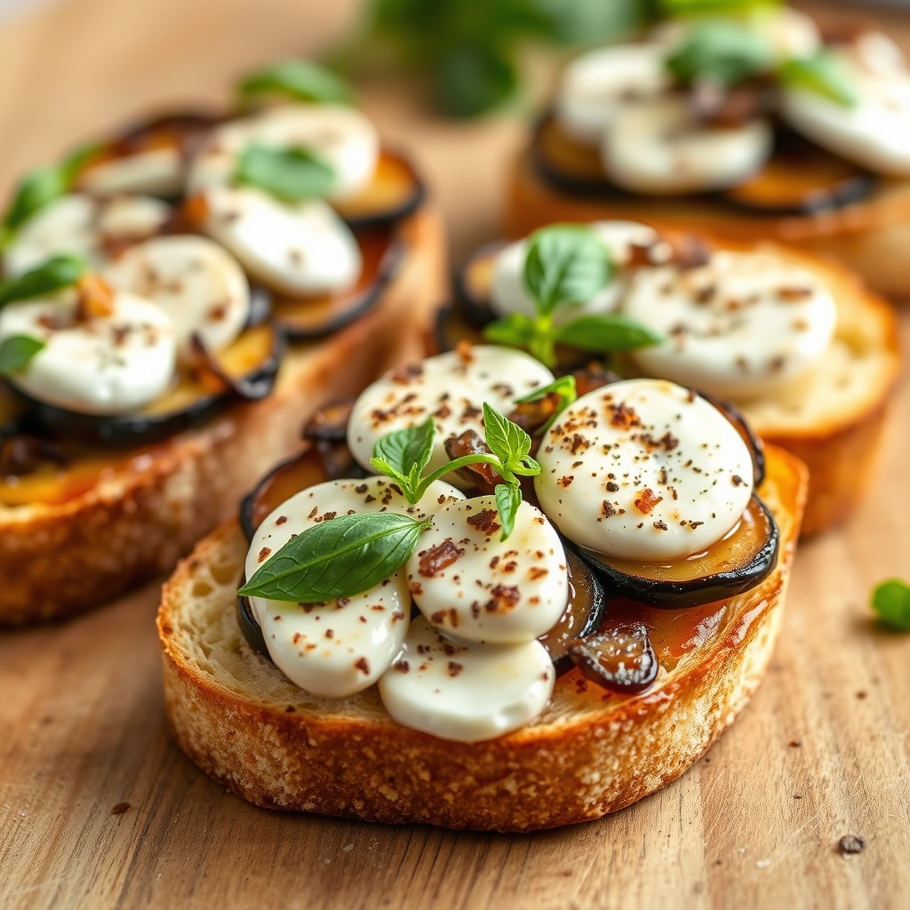 découvrez notre recette savoureuse de bruschetta aux aubergines et mozzarella : un apéritif facile à préparer, parfait p